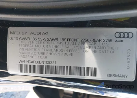 2013 Audi A6 3.0T Premium z USA, uszkodzony, nr VIN WAUHGAFC6DN109221